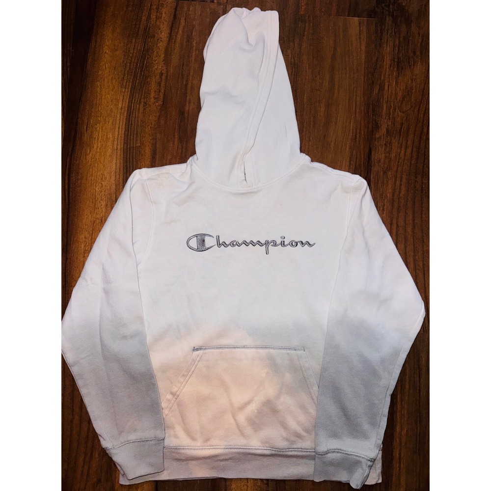 Champion Hoodie Youth XL White Grey Ombre Dip Dye Script Logo Sweatshirt
